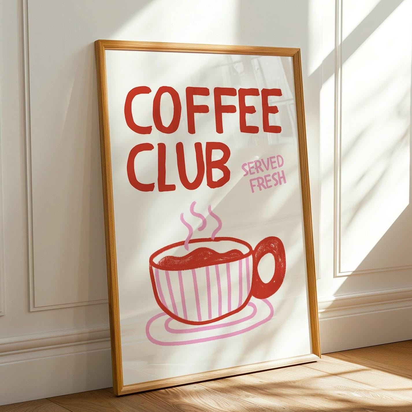 Coffee Club Kitchen Print, Kitchen Poster Coffee Print, Hand Drawn Kitchen Print , Cool Poster, Red and Pink Print, Gift for Coffee Lover