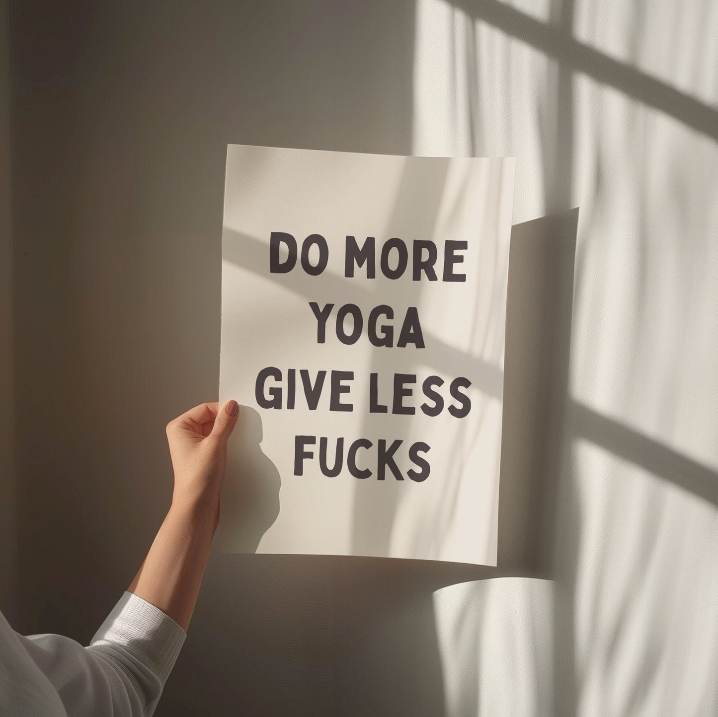 Do More Yoga Give Less Fucks, Unframed Card Art Print, Funny Wall Decor, Cream and Black
