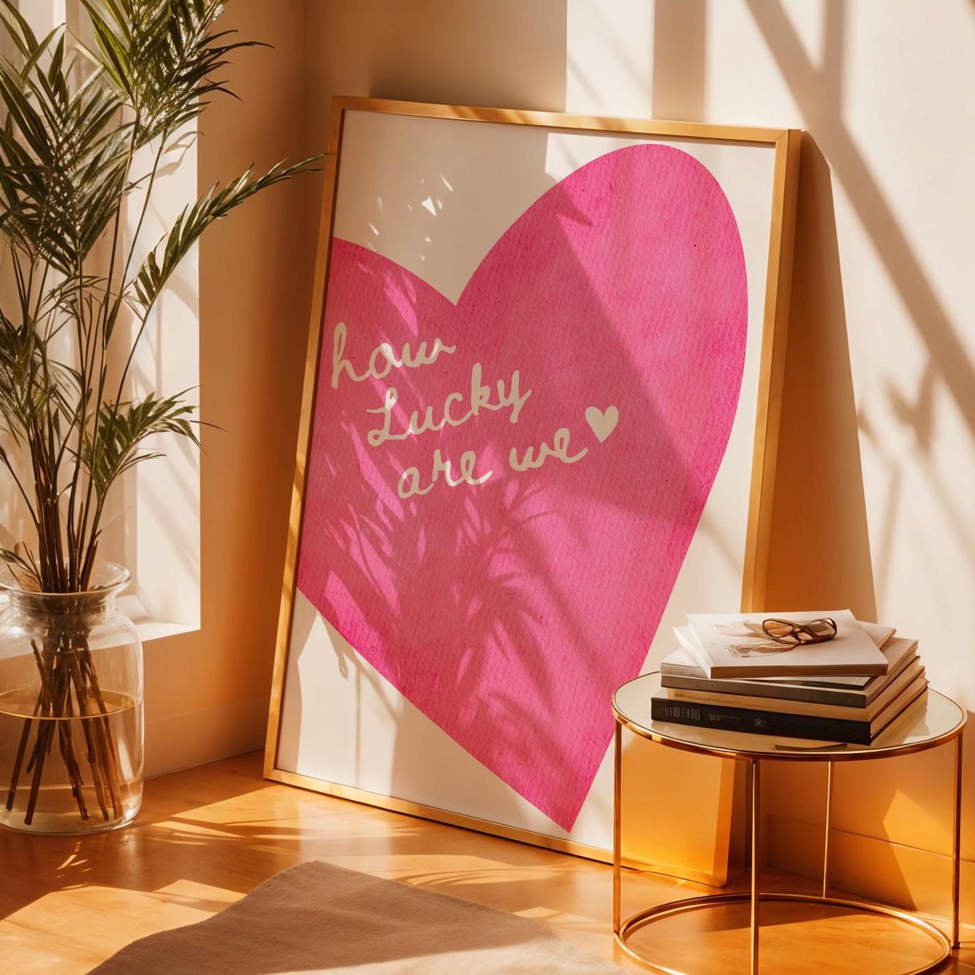 How Lucky Are We Wall Print, Pink Heart Retro Trendy Red Wall Art, Girly Wall Print, Coquette Wall Print Bedroom Wall Art Quote