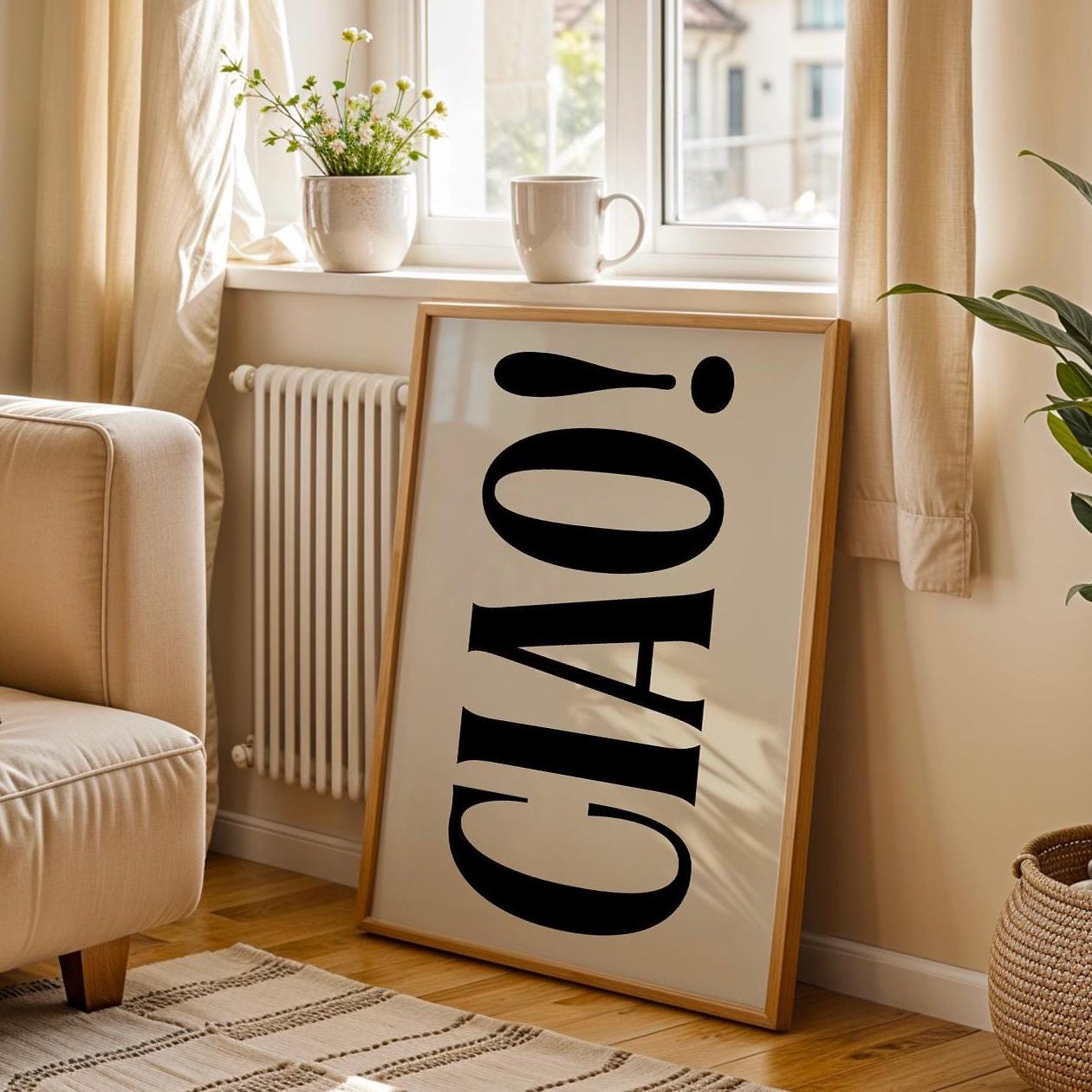 Ciao Poster, Modern Minimalism Retro Style Black and Beige Italian Wall Print Ciao Quote, Typography Poster, Cool Quirky Wall Print