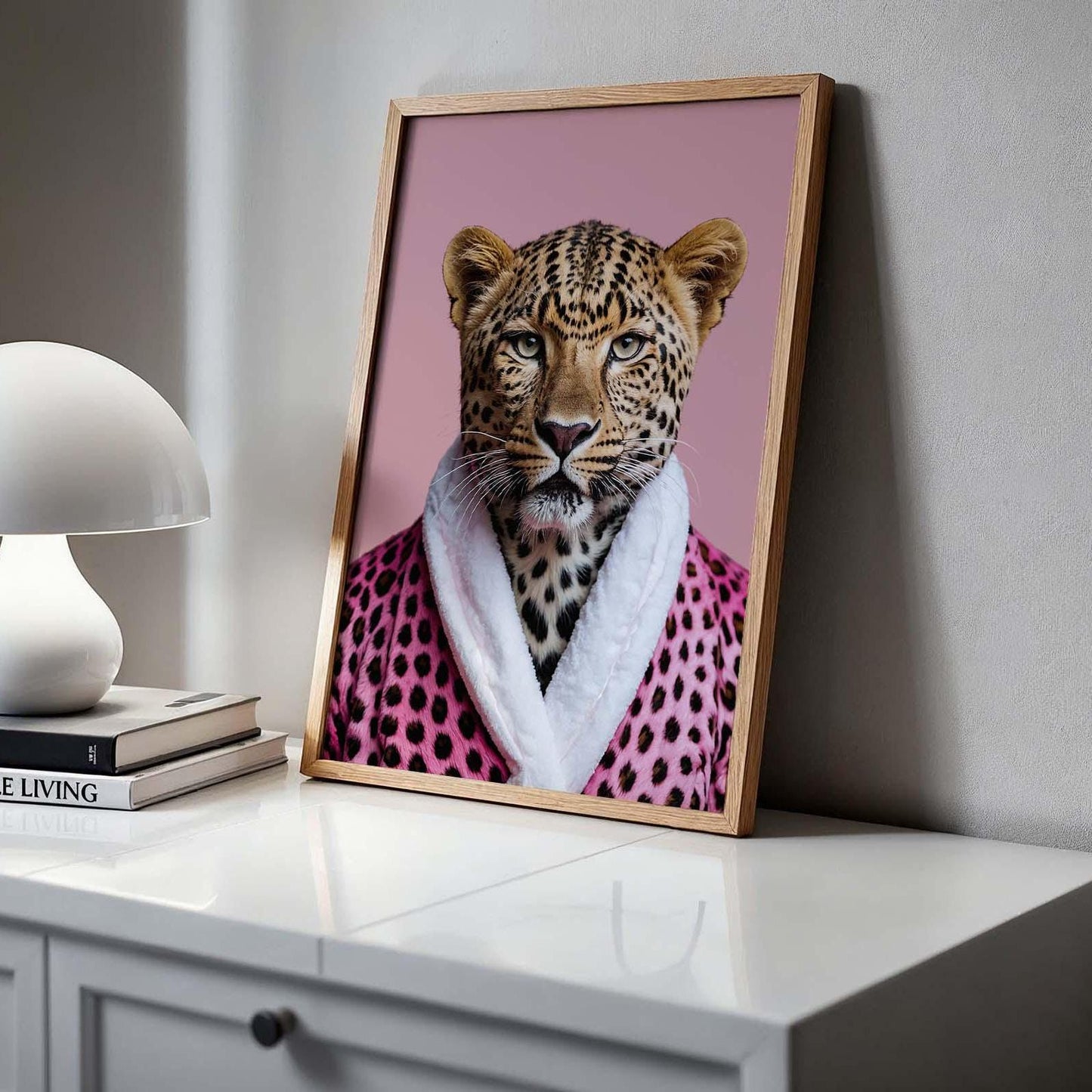 leopard portrait pink leopard print bathrobe wall art