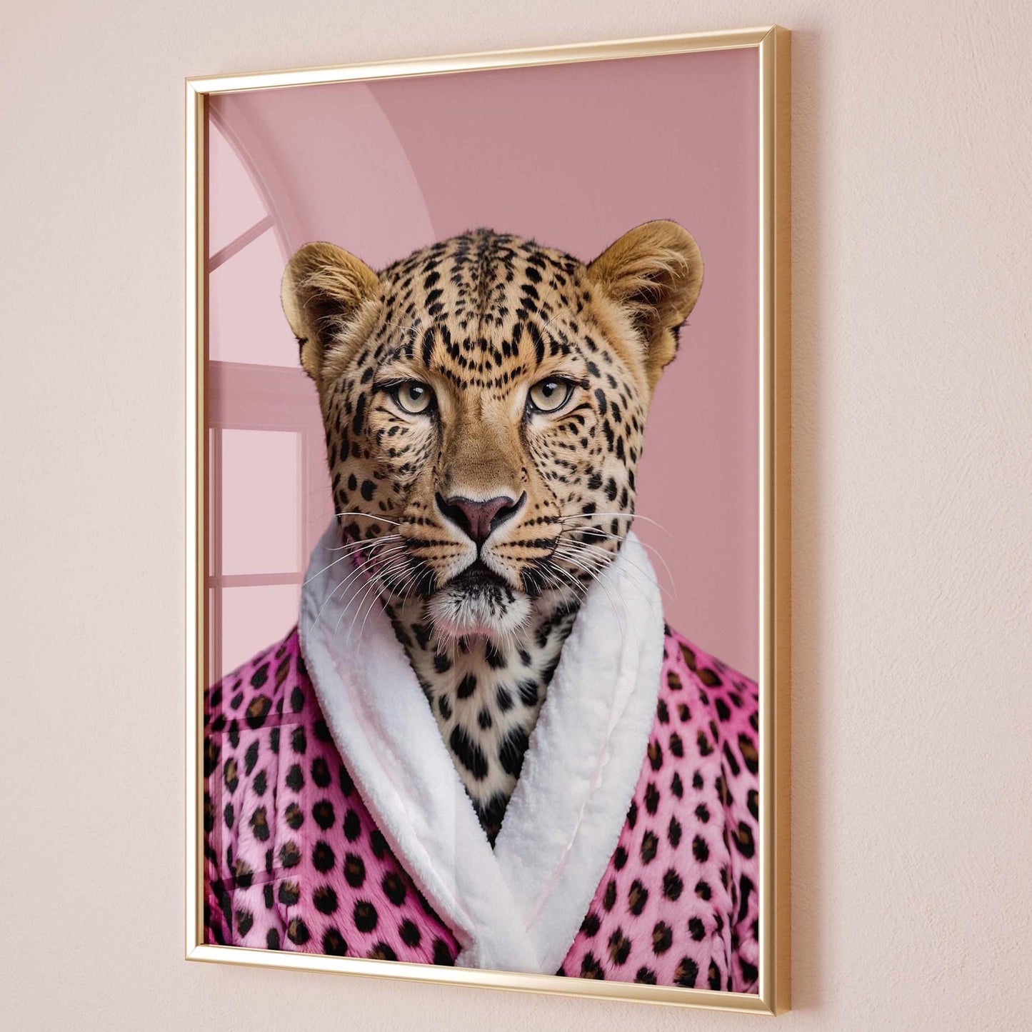 leopard portrait pink leopard print bathrobe wall art