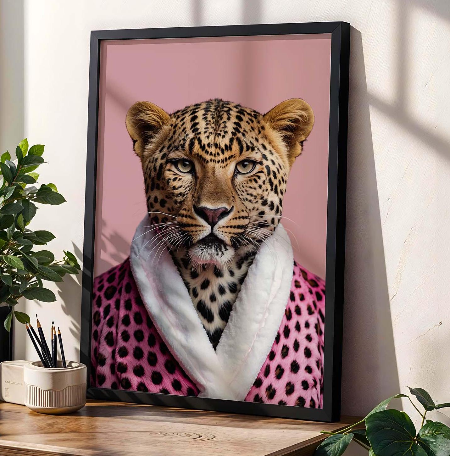 leopard portrait pink leopard print bathrobe wall art