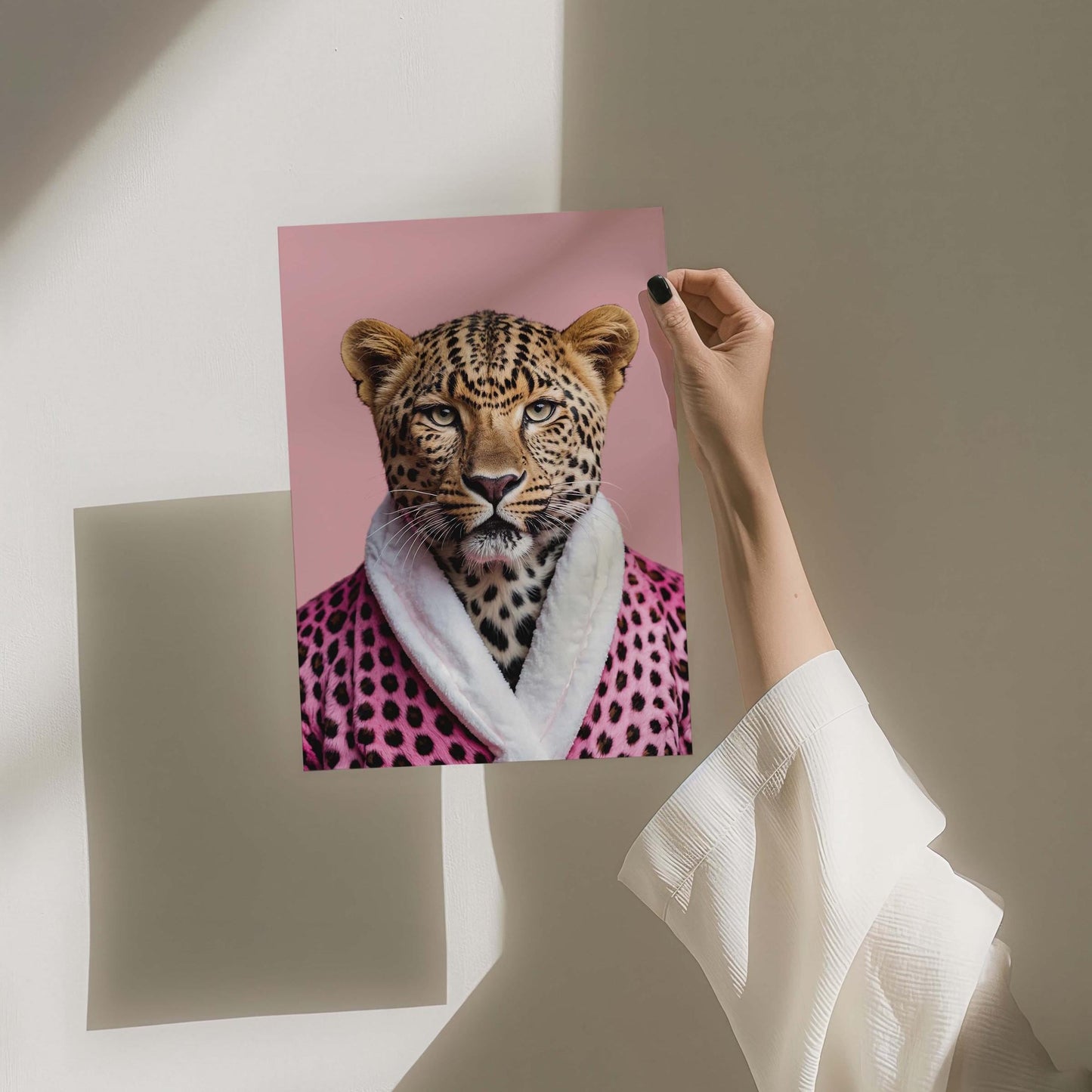leopard portrait pink leopard print bathrobe wall art