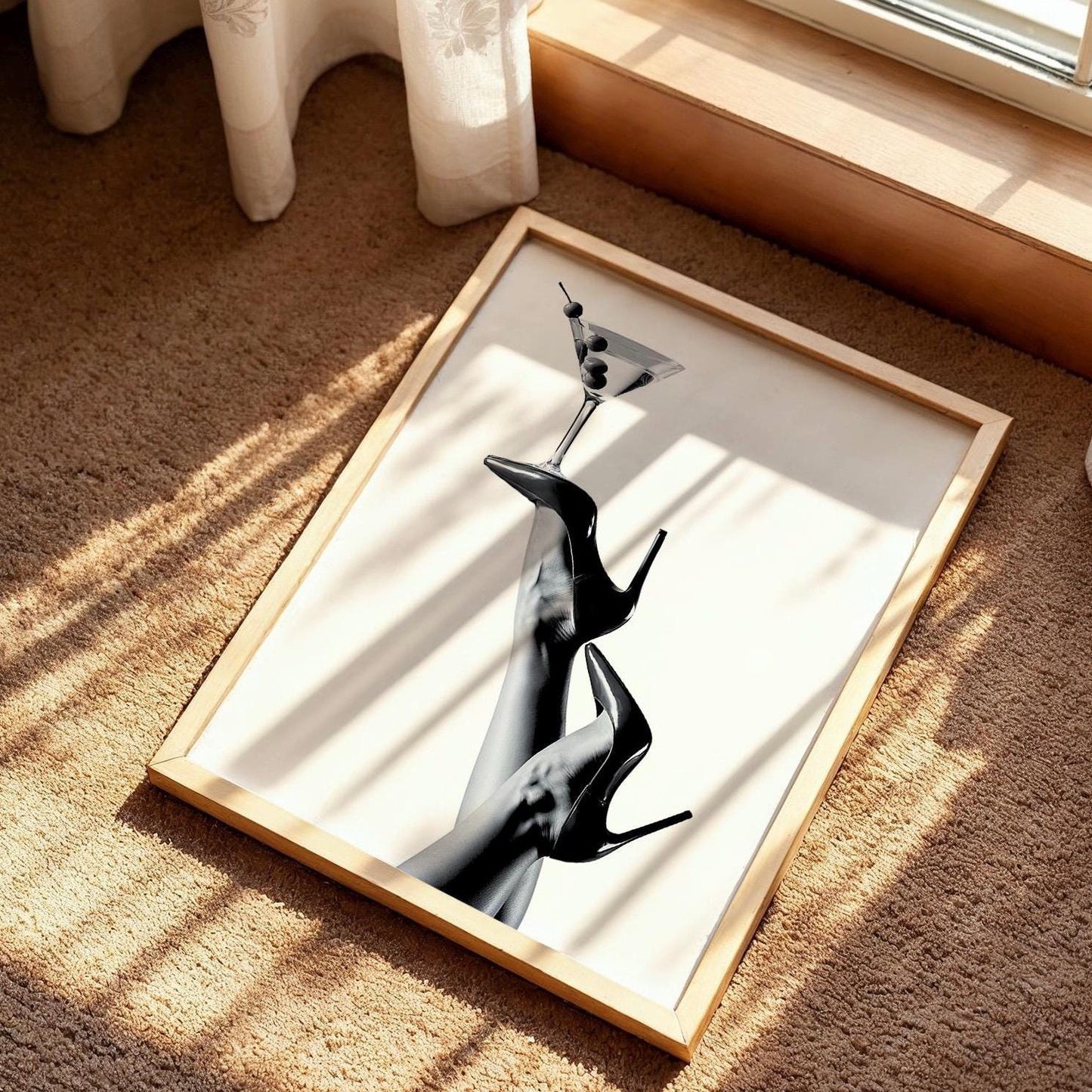 Set of 3 Black High Heels Martini Wall Print, lipstick kiss poster, Luxury Club Fashion Wall Art, Luxury Home Decor, Black and White Posters