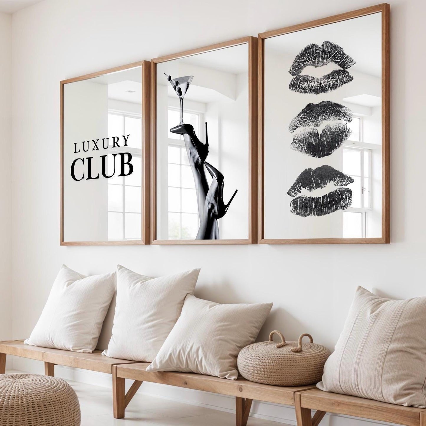 Set of 3 Black High Heels Martini Wall Print, lipstick kiss poster, Luxury Club Fashion Wall Art, Luxury Home Decor, Black and White Posters