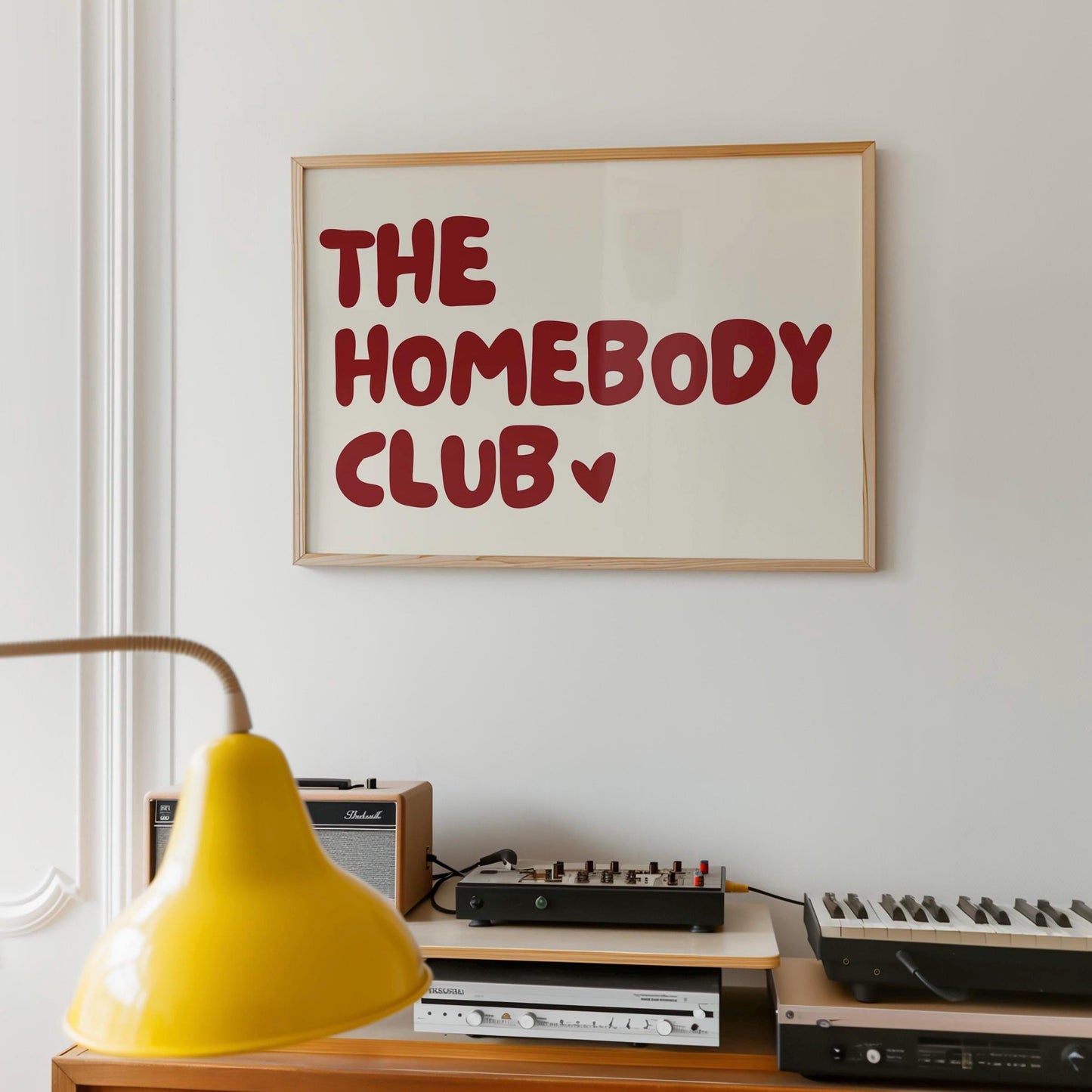 The home body club horizontal poster, funny wall art print, minimalist red and beige wall print, heart poster
