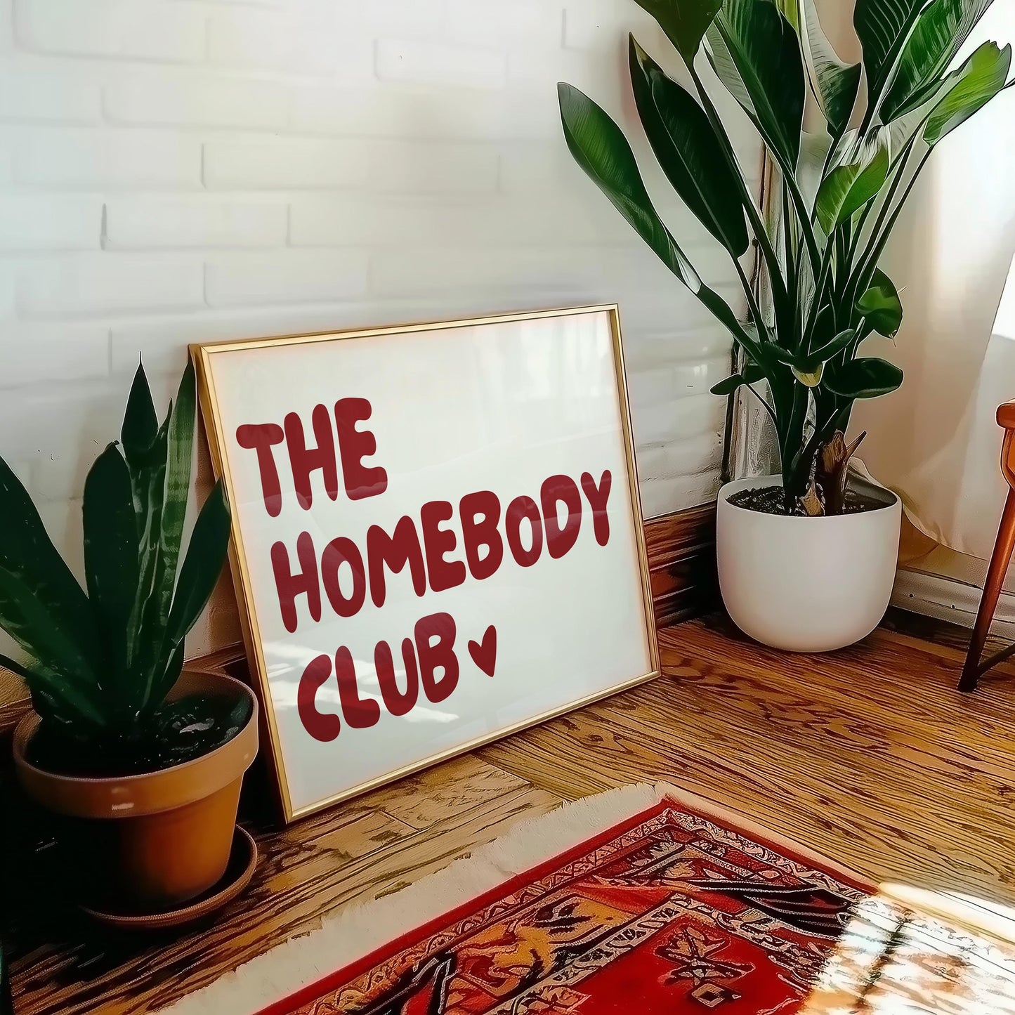 The home body club horizontal poster, funny wall art print, minimalist red and beige wall print, heart poster