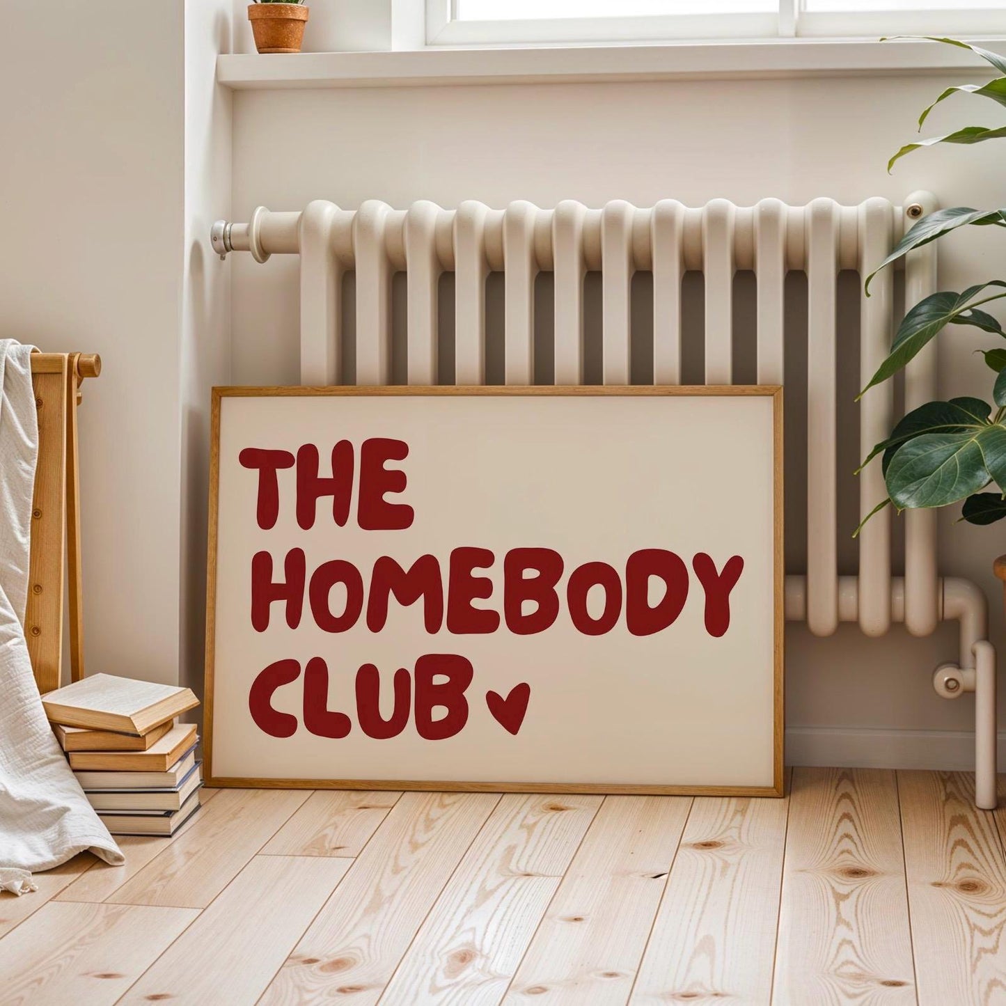 The home body club horizontal poster, funny wall art print, minimalist red and beige wall print, heart poster