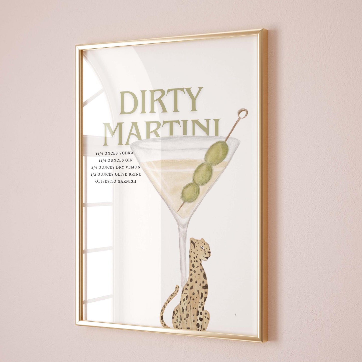 dirty martini recipe wall print with cheetah bar cart art