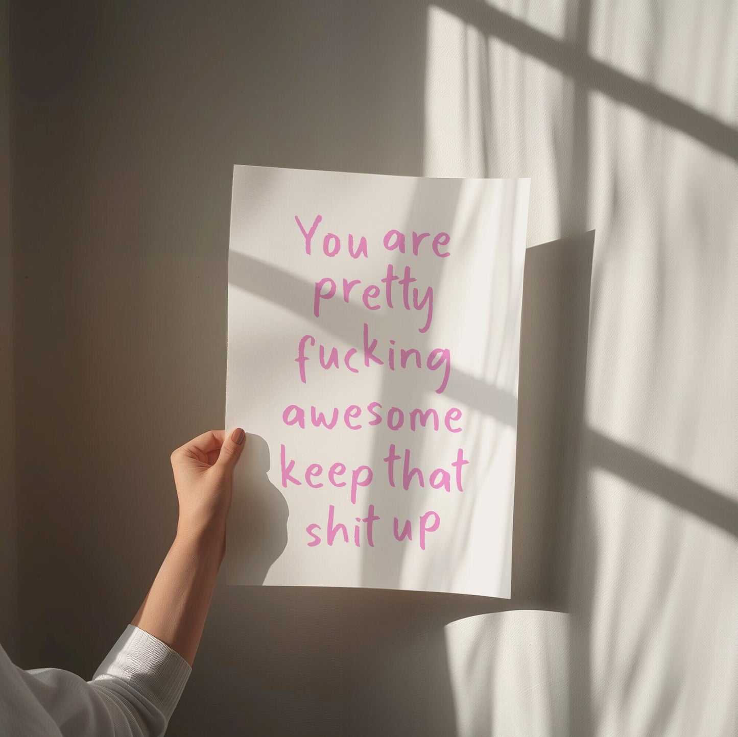 You Are Pretty Awesome Keep That Shit Up, Unframed Card Art Print, Positive Quote Wall Art, Cream and Pink