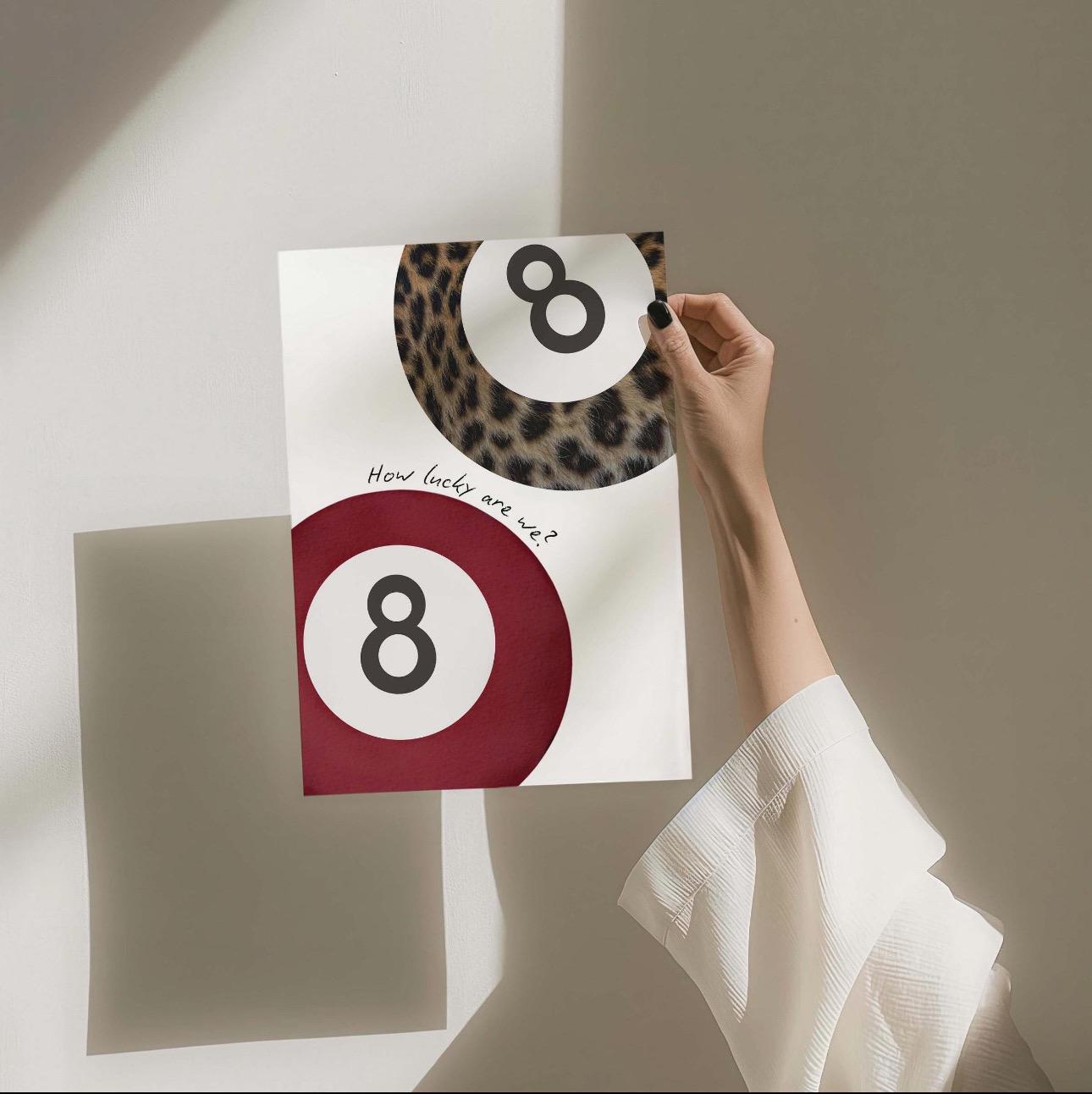 Set of 3 Leopard Prints, Lucky 8 Pool Ball, Feeling Lucky Ace of Hearts Card, Cheetah Print, Trendy Retro Burgundy Red Aesthetic Wall Decor