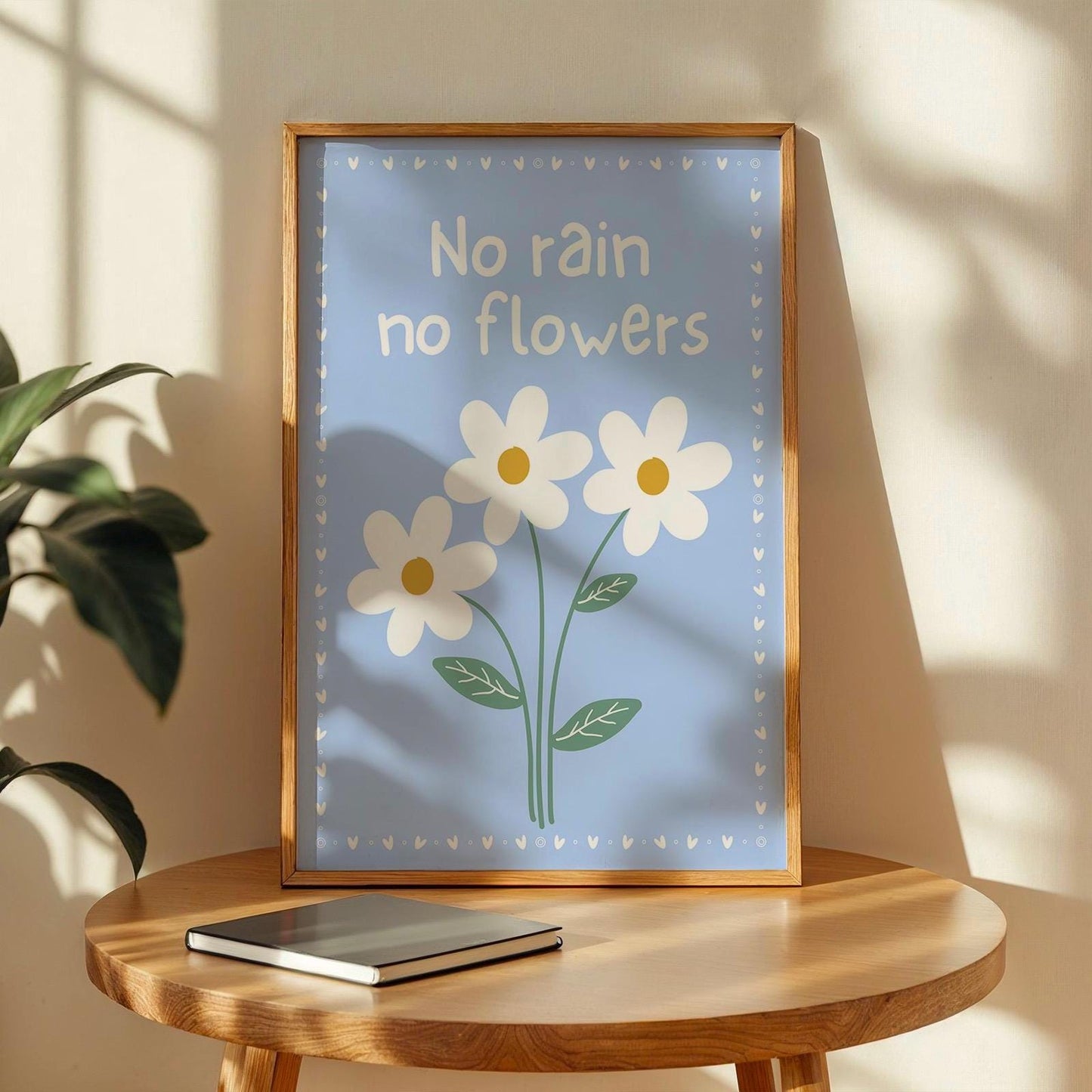 No Rain No Flowers Print, Daisy Wall Art, Motivational Quote Poster, Pastel Blue Floral Decor, Cottagecore Wall Art, Uplifting Room Art