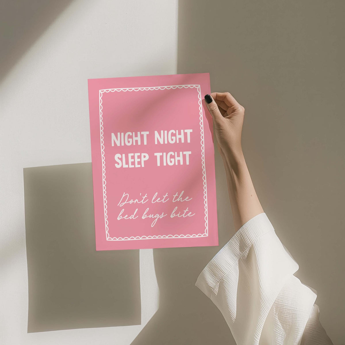 Night Night Sleep Tight Dont Let The Bed Bugs Bite Pink and White Wall Art Print