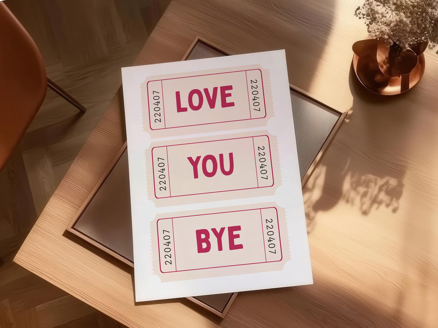 Love you bye ticket Print Poster, Trendy Love Print, girly Wall Art, cool wall print, Retro quirky wall art, Girls Bedroom Poster