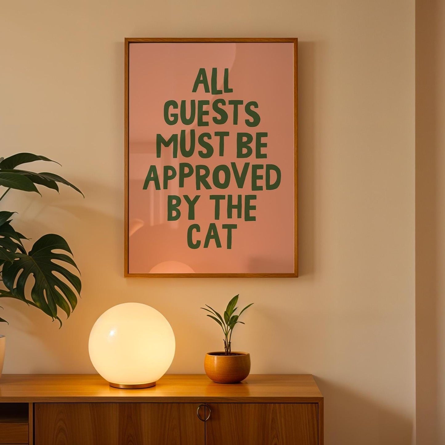 All Guests Must Be Approved By The Cat Wall Print Blush Pink and Green Decor