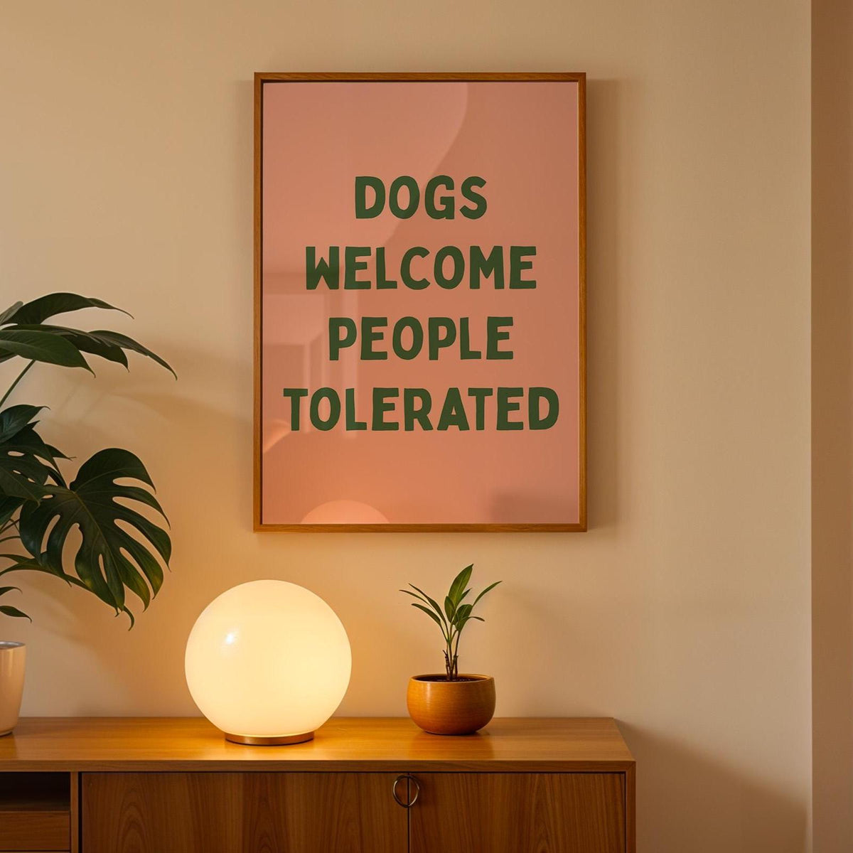 Dogs Welcome People Tolerated Art Print Funny Dog Lover Wall Print Hallway Sign Pink and Green