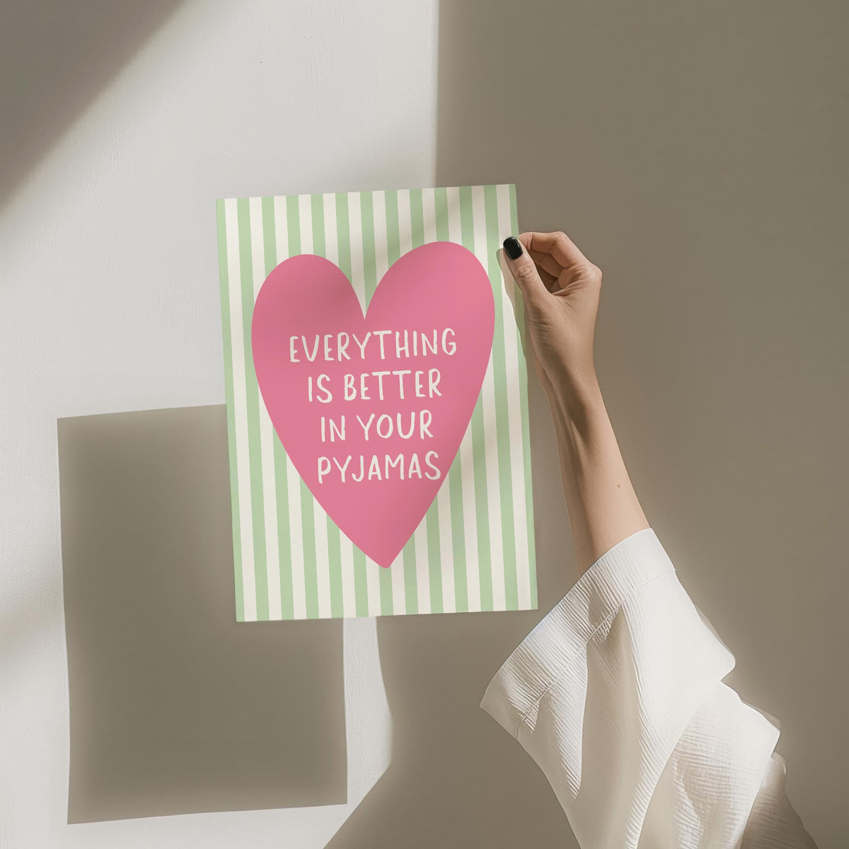 Everything Is Better In Your Pyjamas Art Print Green Striped Pink Heart Wall Decor
