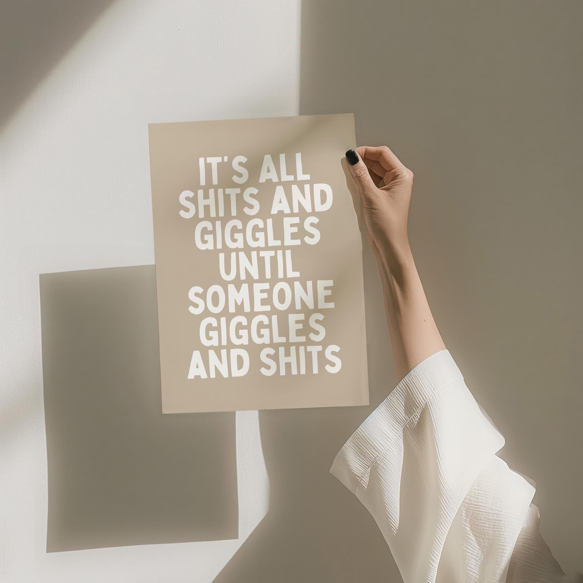 Shits And Giggles Art Print, Funny Bathroom Quote Typography Art, Beige Wall Decor