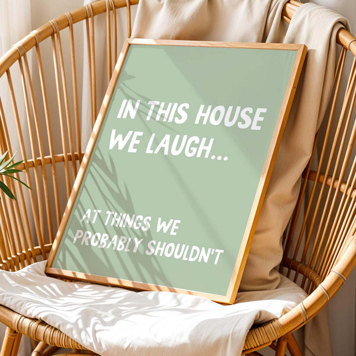 Funny Home Print: In This House We Laugh, Light Olive Green Wall Decor