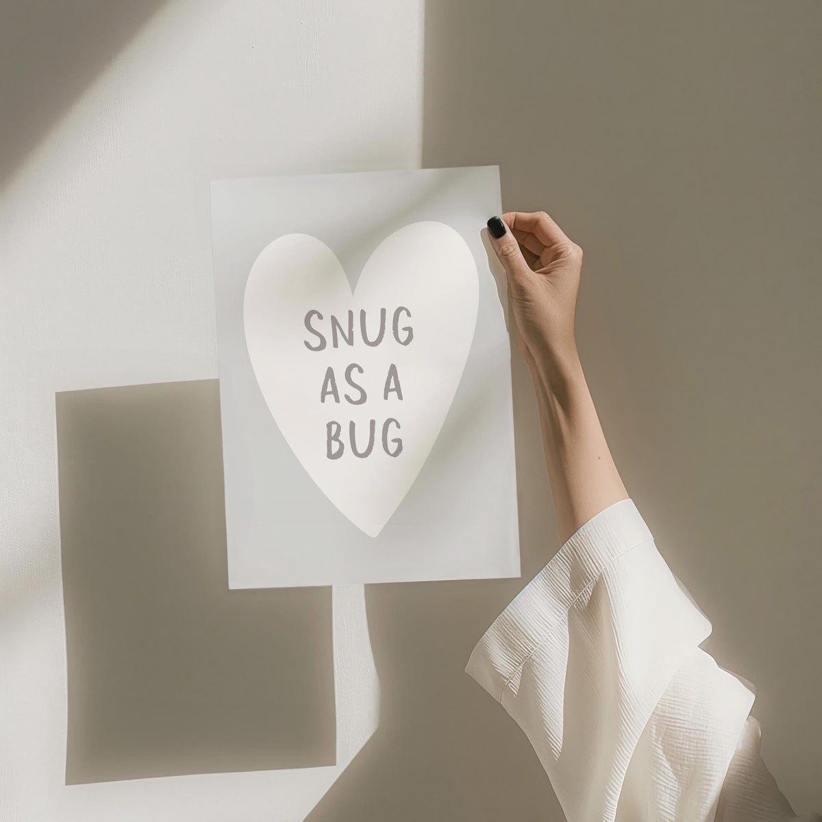 Snug As A Bug Art Print, Light Grey Bedroom Wall Art, Above Bed Poster
