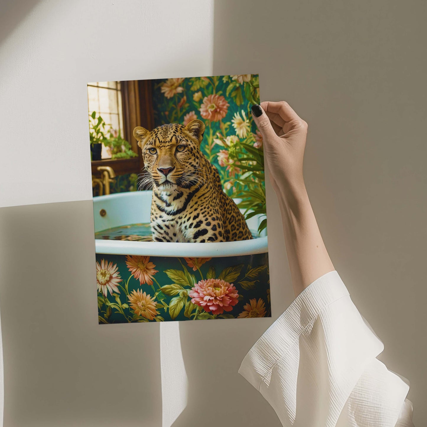 Leopard in Bath Print Botanical Floral Bathroom Wall Art