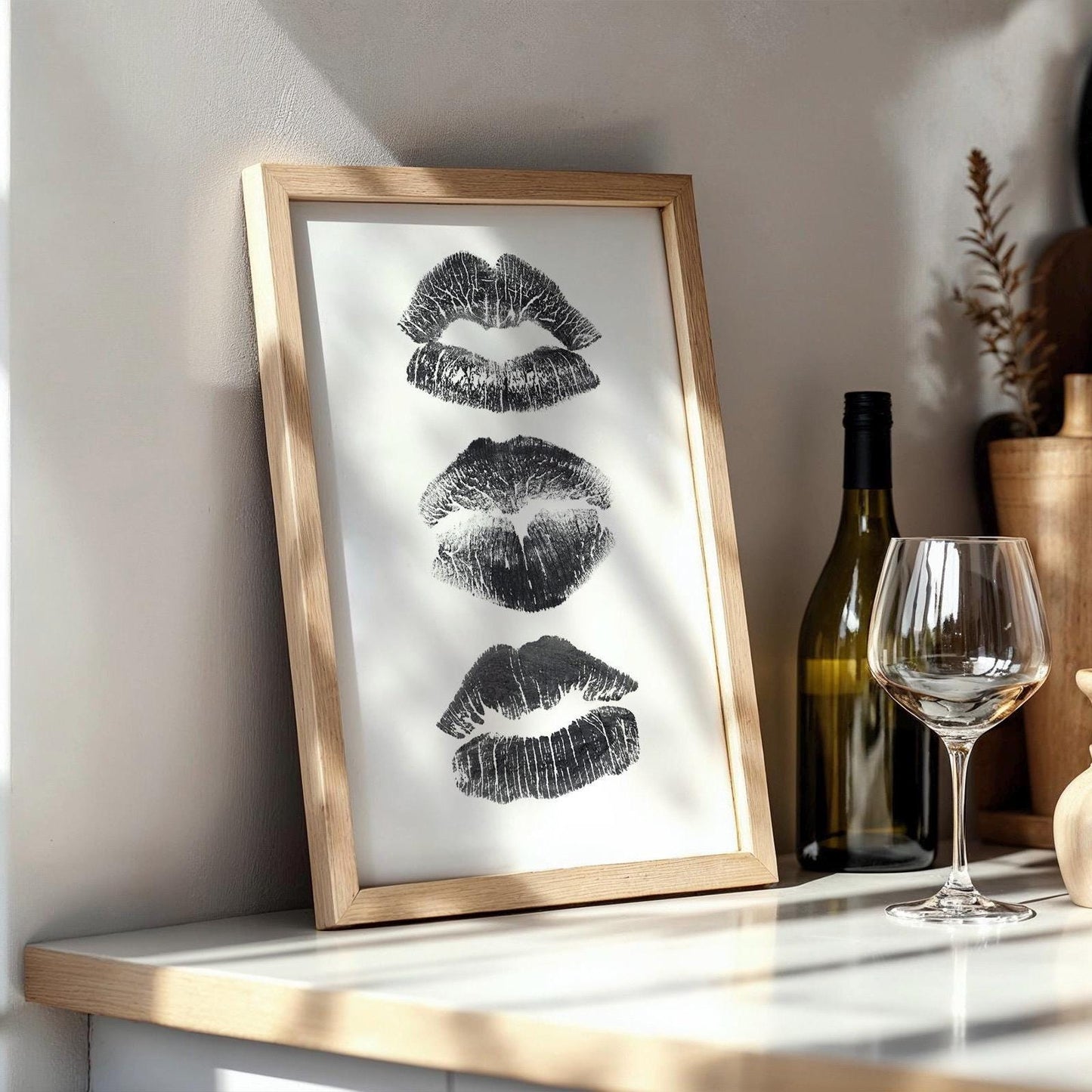 Set of 3 Black High Heels Martini Wall Print, lipstick kiss poster, Luxury Club Fashion Wall Art, Luxury Home Decor, Black and White Posters