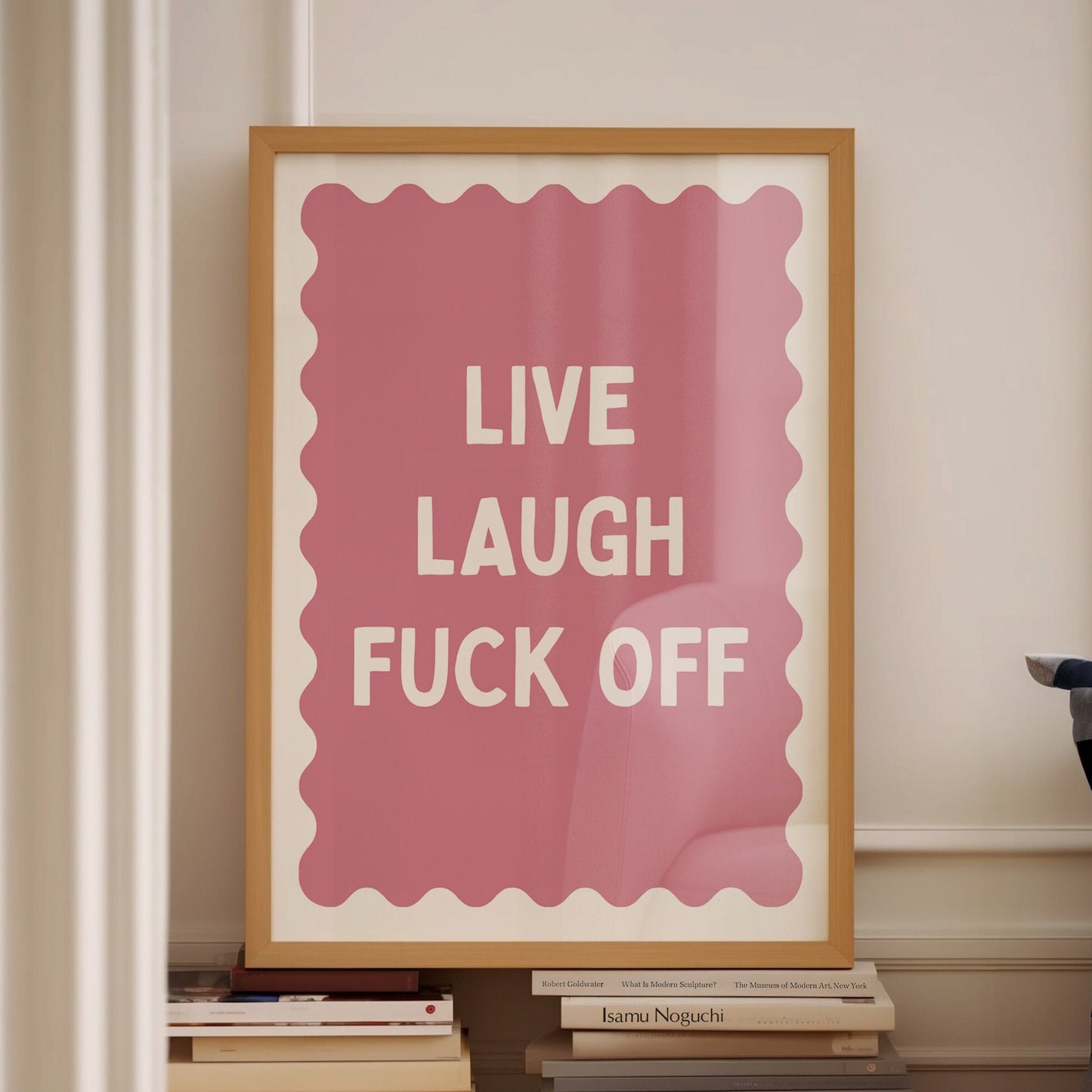 live laugh fuck off pink and white wall print
