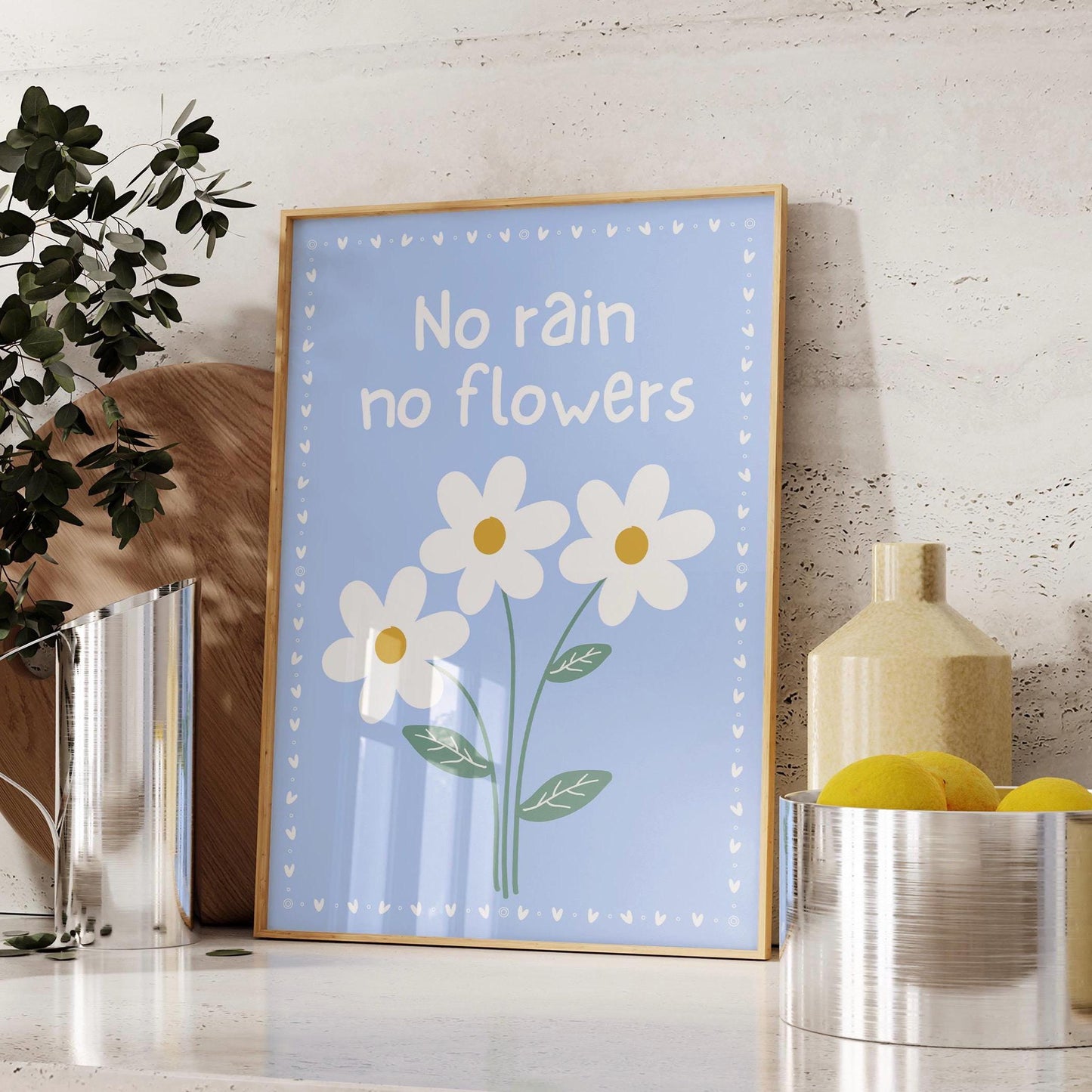 No Rain No Flowers Print, Daisy Wall Art, Motivational Quote Poster, Pastel Blue Floral Decor, Cottagecore Wall Art, Uplifting Room Art
