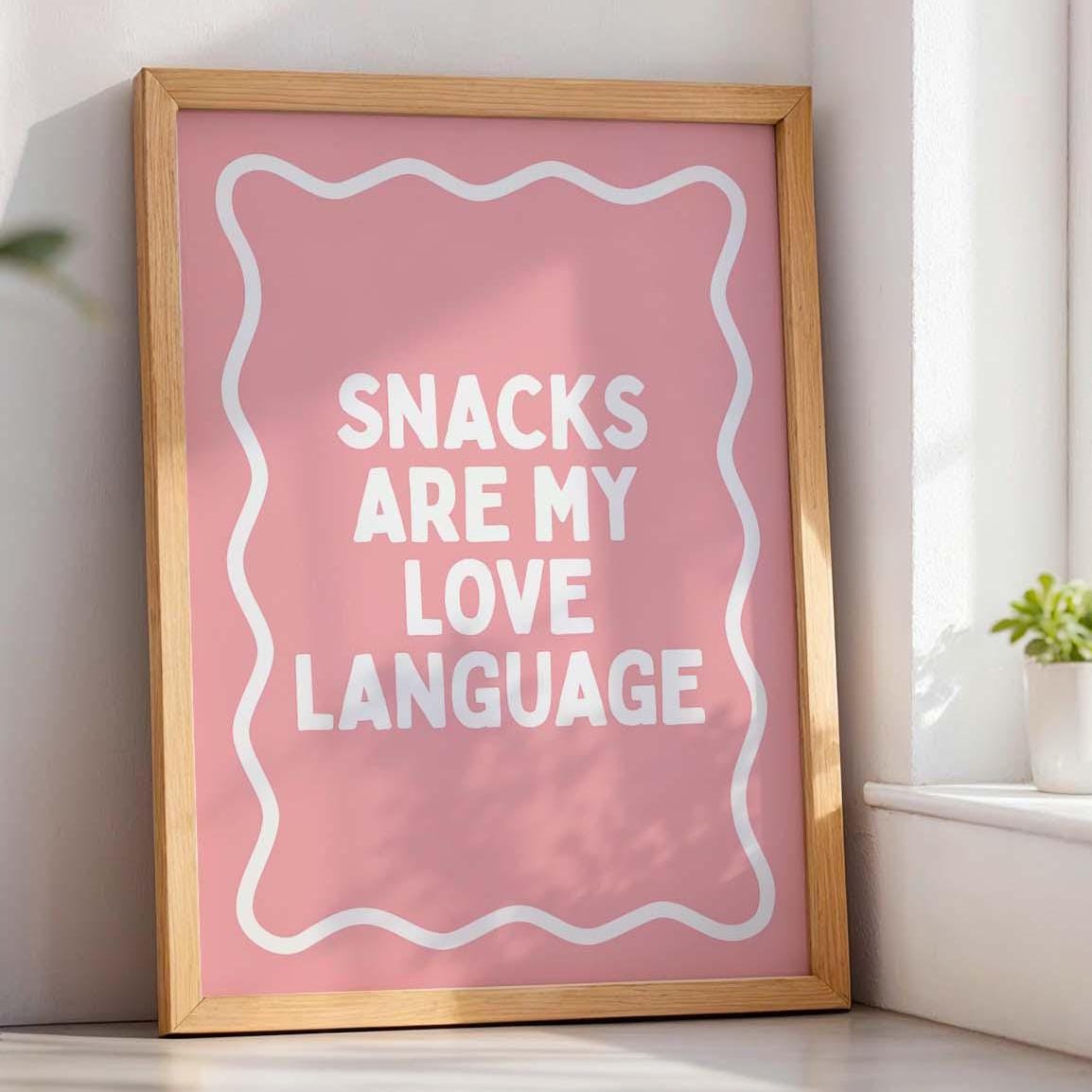 snacks are my love language wall art print pink and white