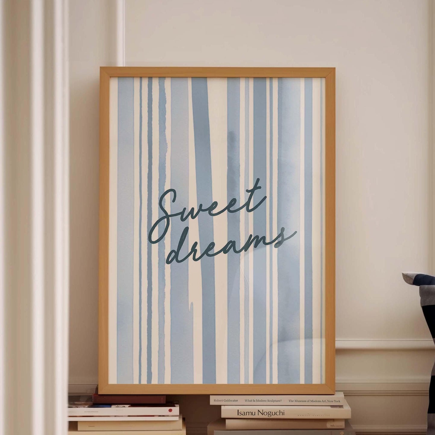sweet dreams blue and white striped bedroom wall print