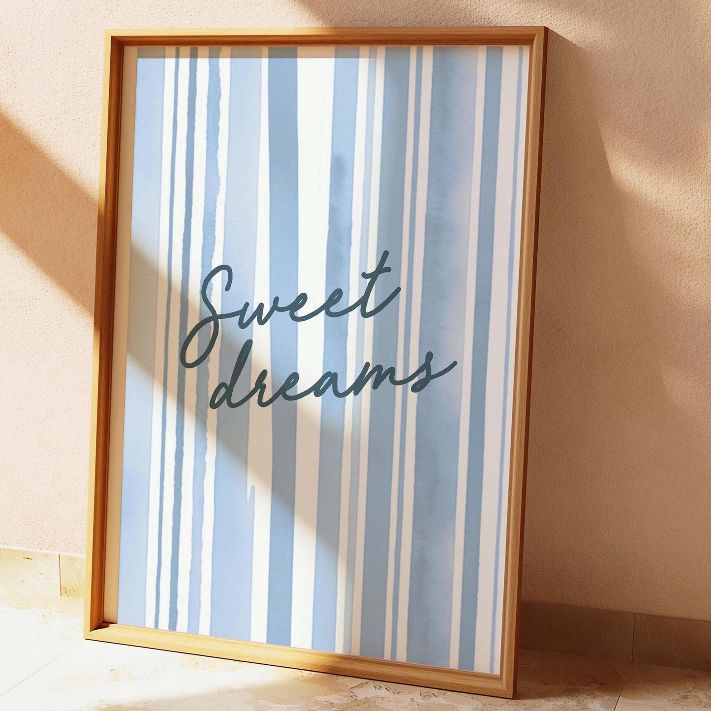 sweet dreams blue and white striped bedroom wall print