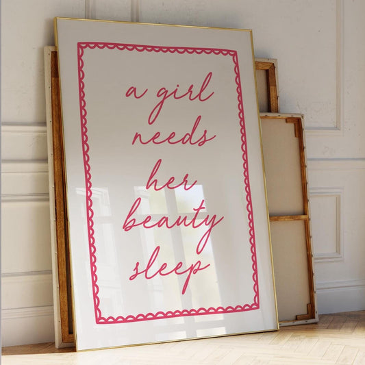 A Girl Needs Her Beauty Sleep Art Print Rose Red Bedroom Decor Typography Wall Art