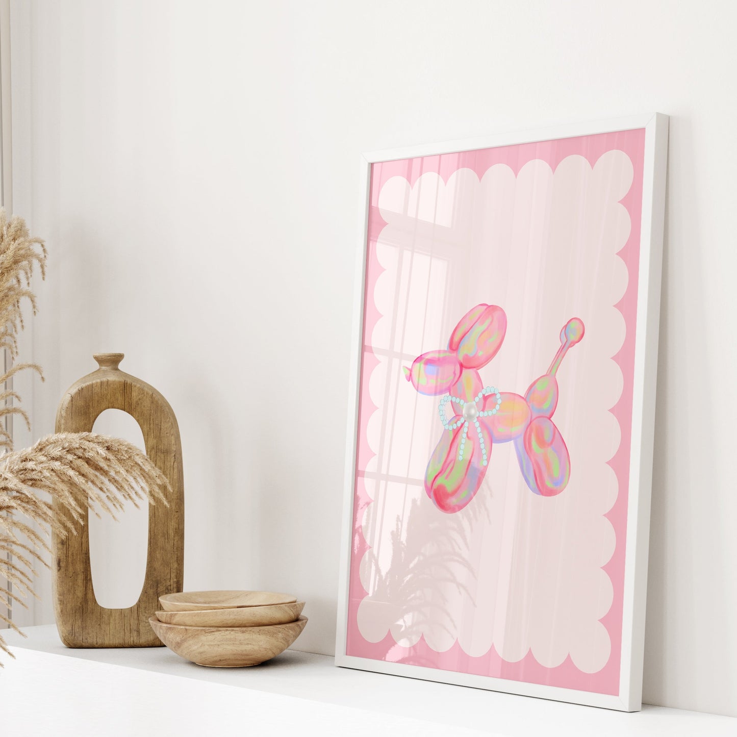 Coquette Pink Balloon Dog With Bow Wall Print, Unframed Card Art Print