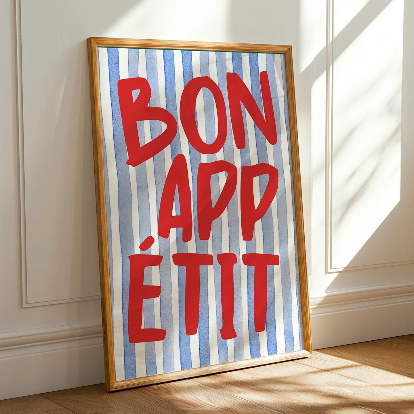 Bon Appetit Poster, Typography Print, French Quote Poster, Blue stripped Kitchen Wall Art, Funky Poster, Maximalist Kitchen Print