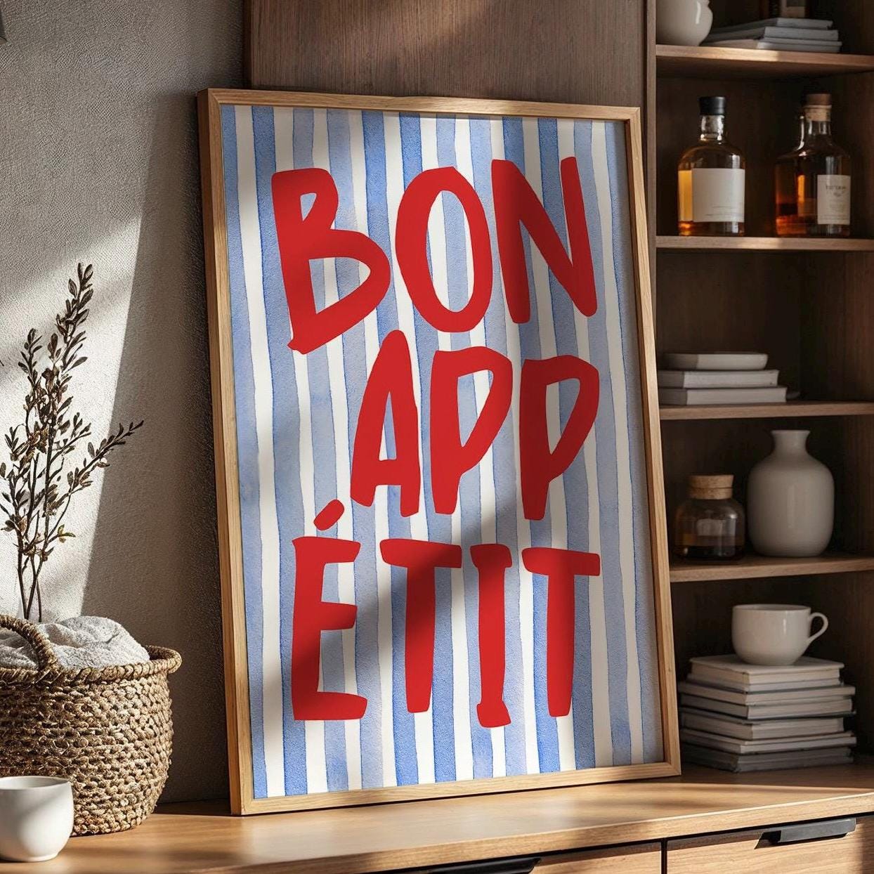 Bon Appetit Poster, Typography Print, French Quote Poster, Blue stripped Kitchen Wall Art, Funky Poster, Maximalist Kitchen Print