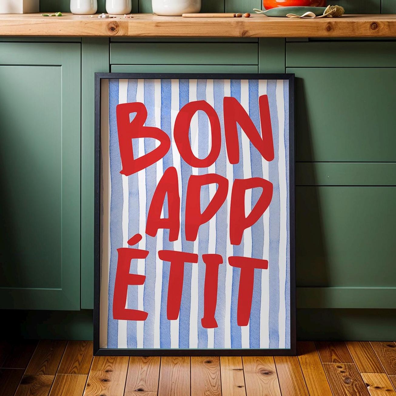 Bon Appetit Poster, Typography Print, French Quote Poster, Blue stripped Kitchen Wall Art, Funky Poster, Maximalist Kitchen Print