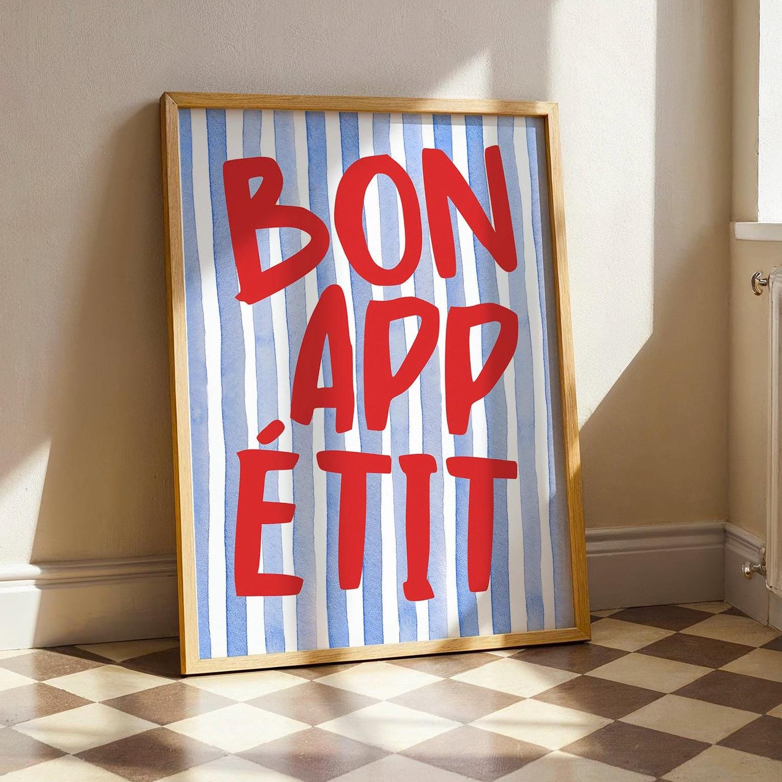 Bon Appetit Poster, Typography Print, French Quote Poster, Blue stripped Kitchen Wall Art, Funky Poster, Maximalist Kitchen Print