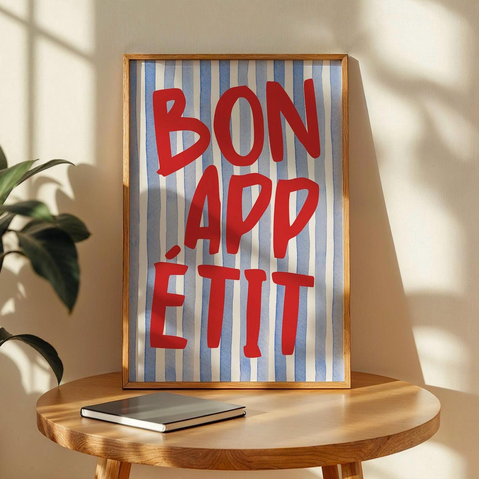 Bon Appetit Poster, Typography Print, French Quote Poster, Blue stripped Kitchen Wall Art, Funky Poster, Maximalist Kitchen Print