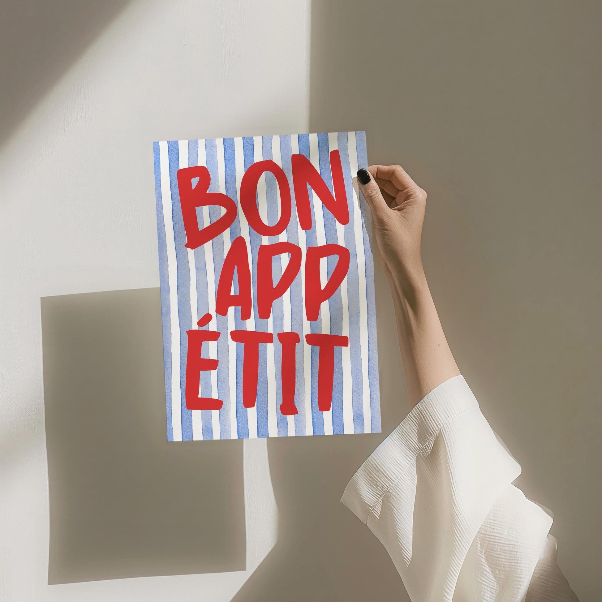 Bon Appetit Poster, Typography Print, French Quote Poster, Blue stripped Kitchen Wall Art, Funky Poster, Maximalist Kitchen Print