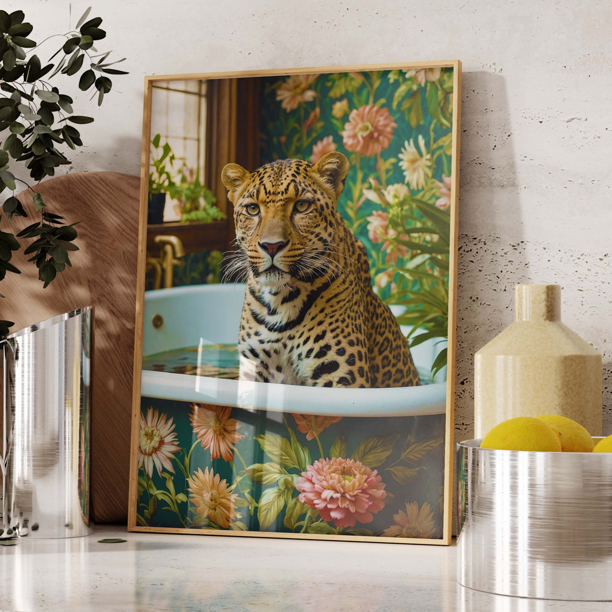 Leopard in Bath Print, Botanical Floral Bathroom Wall Art, Maximalist Decor