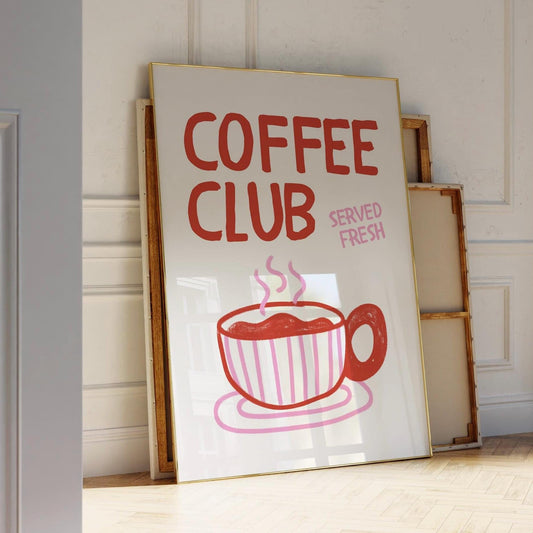 Coffee Club Kitchen Print, Kitchen Poster Coffee Print, Hand Drawn Kitchen Print , Cool Poster, Red and Pink Print, Gift for Coffee Lover