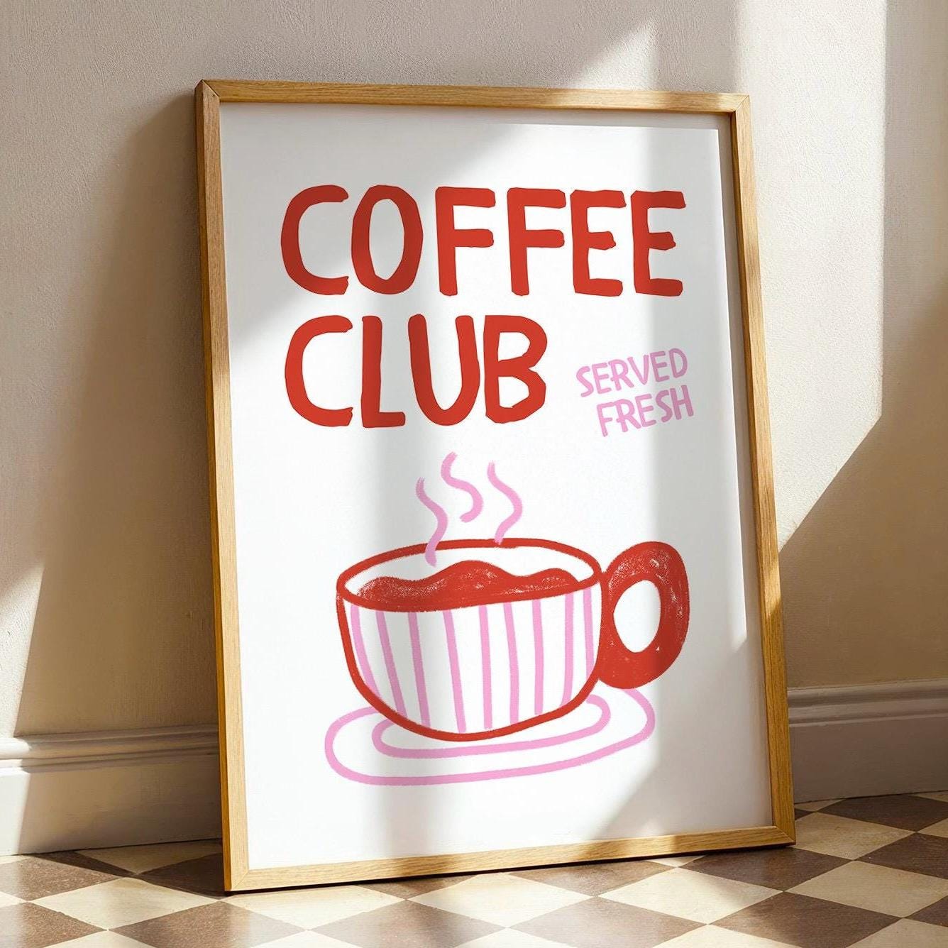 Coffee Club Kitchen Print, Kitchen Poster Coffee Print, Hand Drawn Kitchen Print , Cool Poster, Red and Pink Print, Gift for Coffee Lover