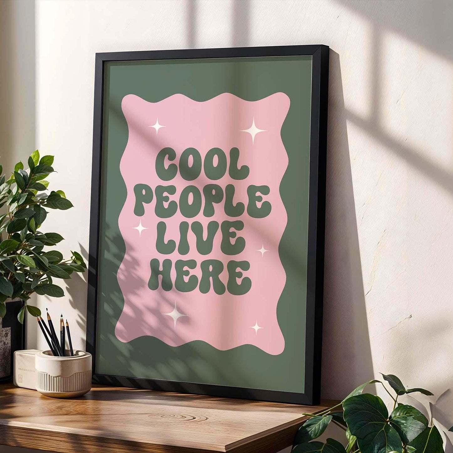 Cool People Live Here Green and Pink Wall Art Print