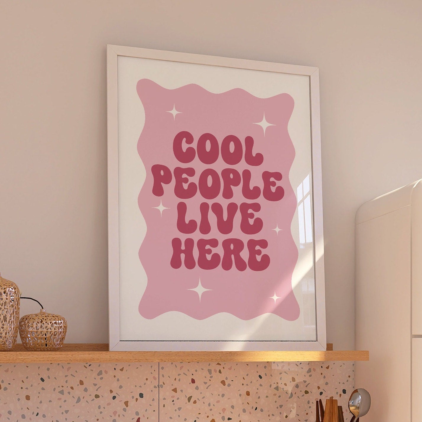 Cool People Live Here, Unframed Card Art Print, Groovy Retro Wall Decor, Trendy Pink Home Prints