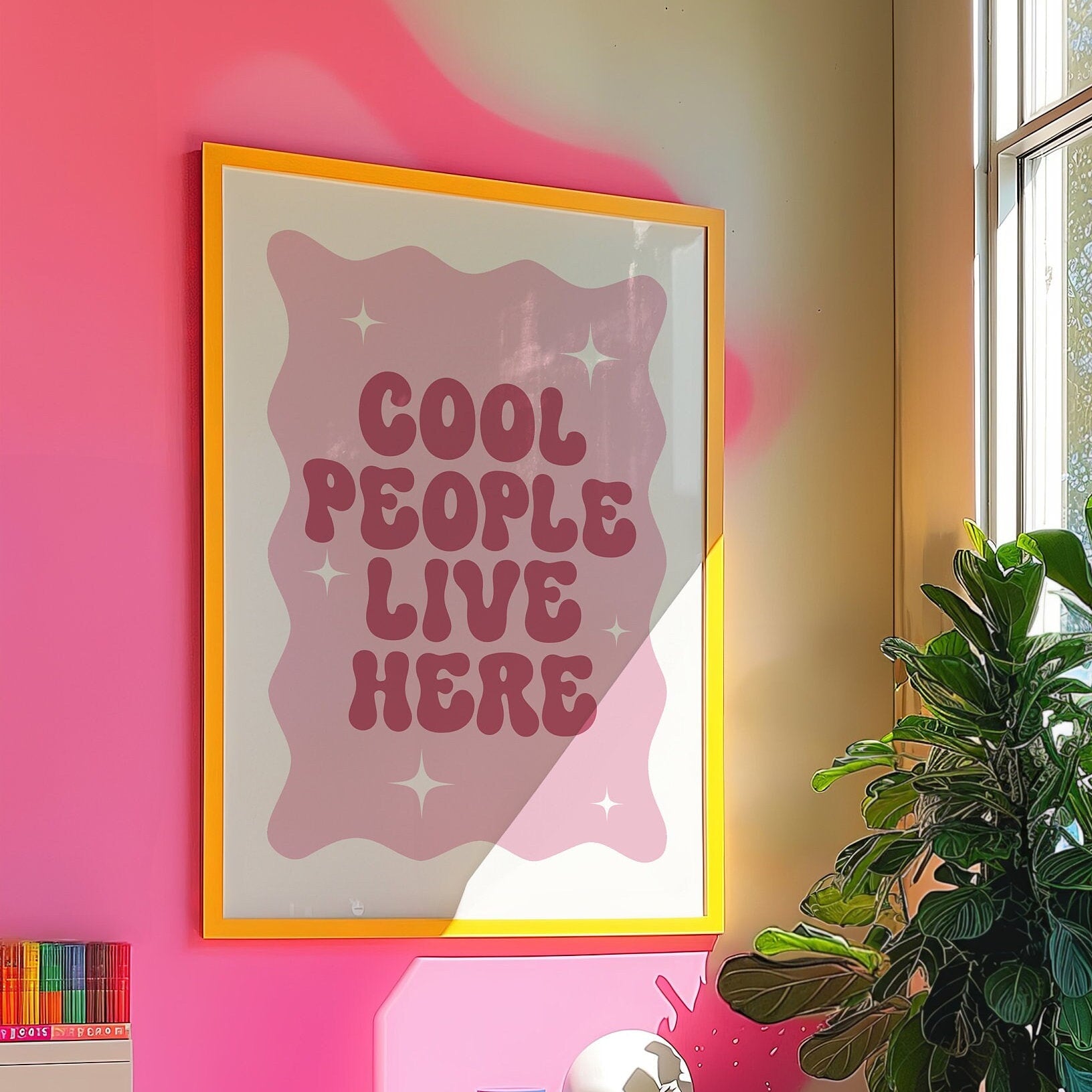 Cool People Live Here, Unframed Card Art Print, Groovy Retro Wall Decor, Trendy Pink Home Prints