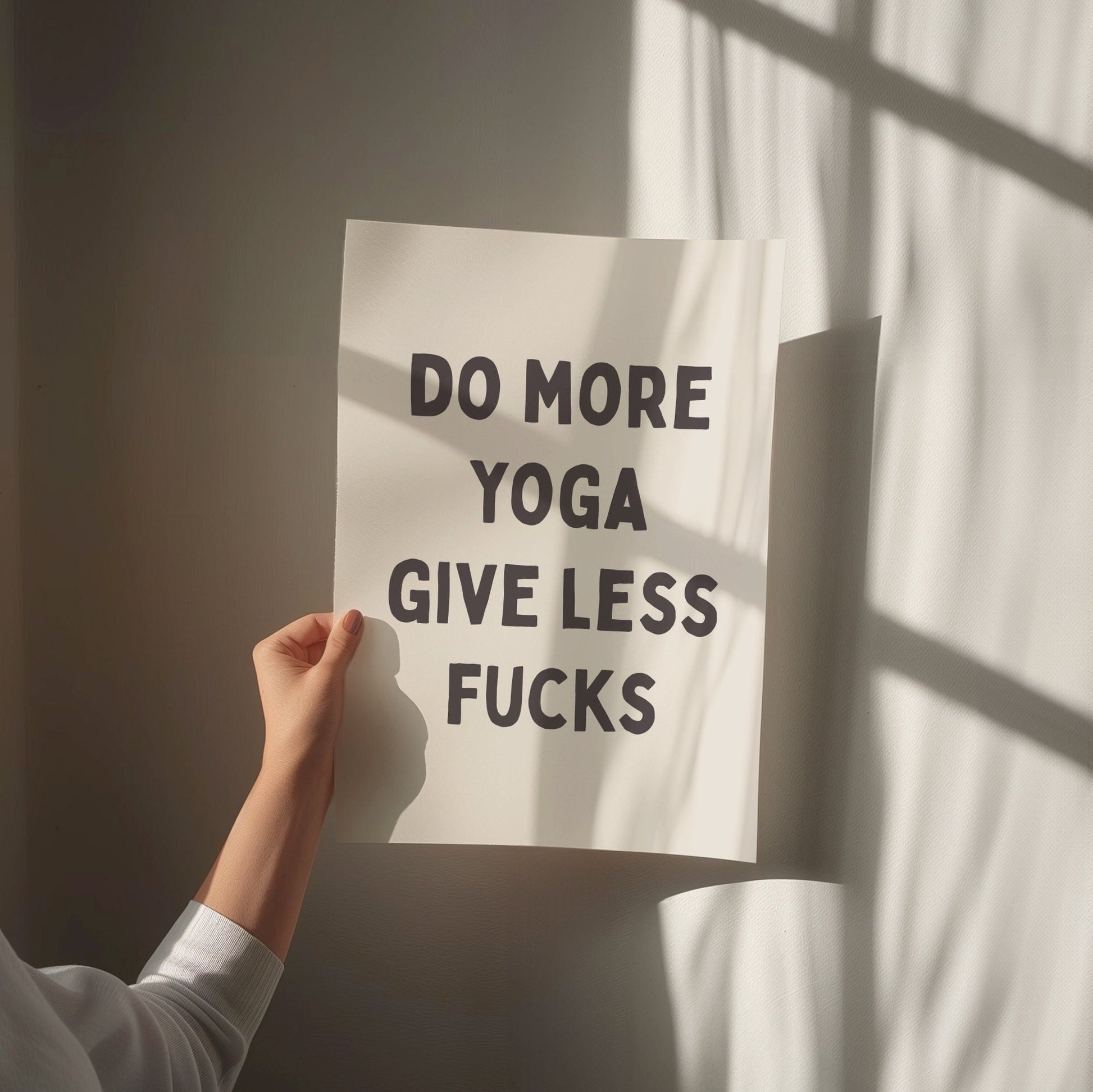 Do More Yoga Give Less Fucks, Unframed Card Art Print, Funny Wall Decor, Cream and Black