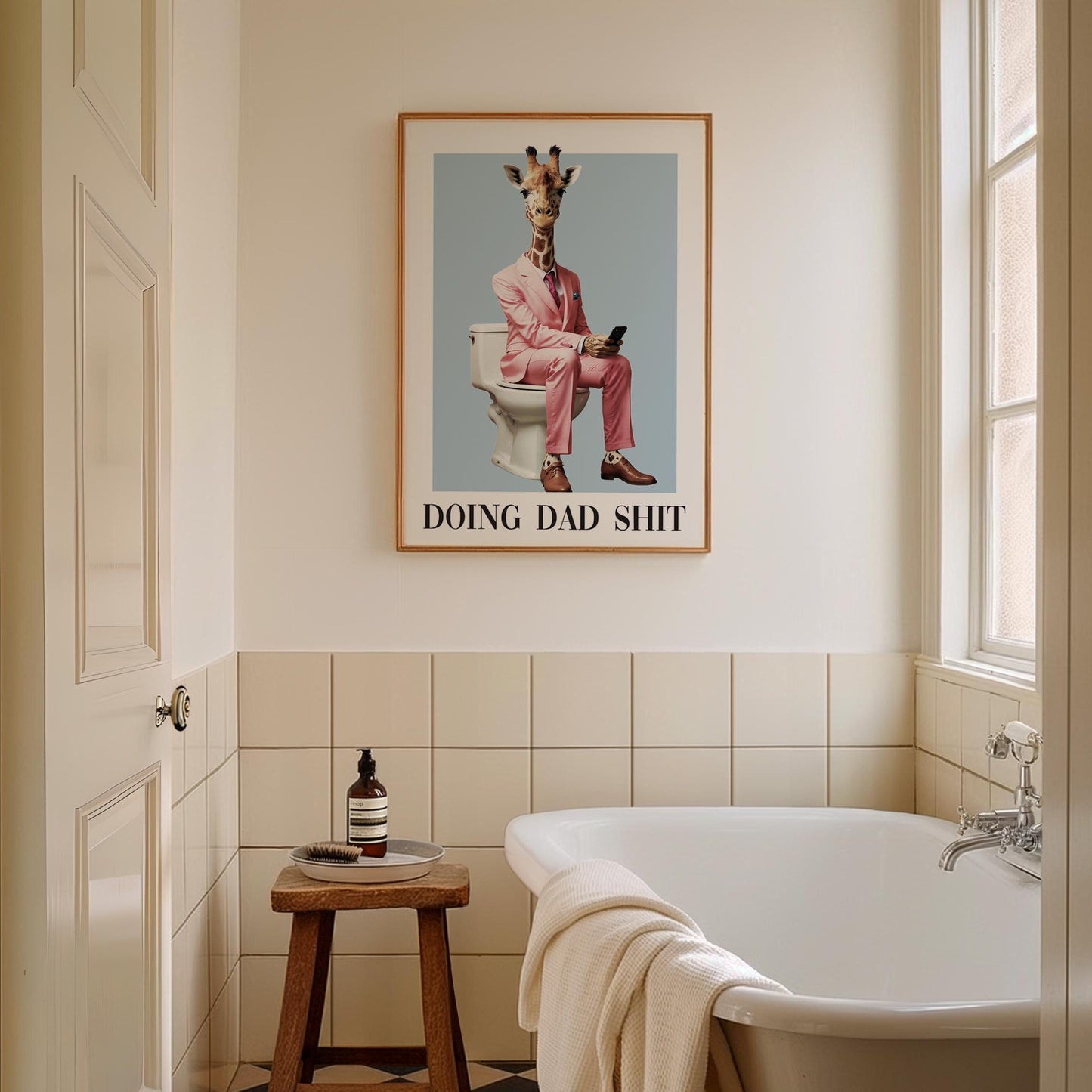 doing dad shit giraffe in suit on toilet with phone wall art print