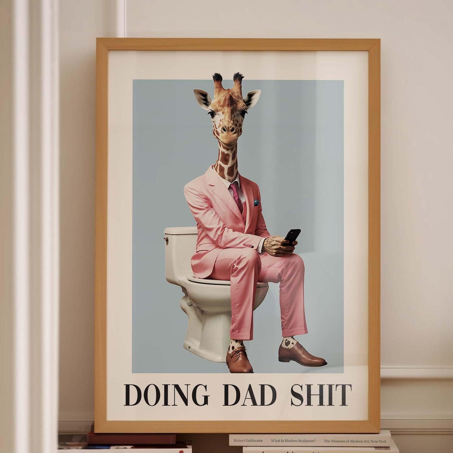 funny giraffe in pink suit sitting on toilet holding phone doing dad shit quote