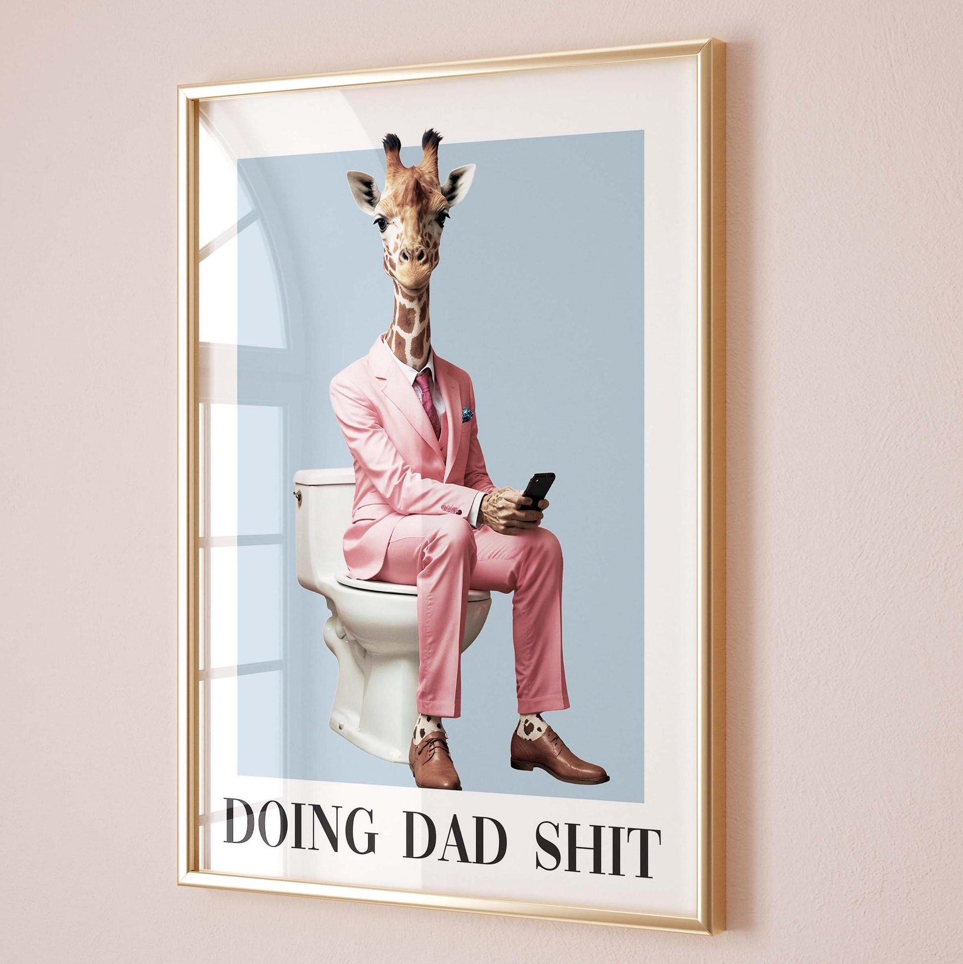 funny giraffe in pink suit sitting on toilet holding phone doing dad shit quote